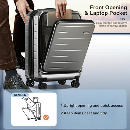 CENSIEN Expandable Carry On Luggage Airline Approved, 20 Inch Lightweight ABS+PC Hard Shell Suitcases with Front Pocket, Spinner Wheels, TSA Lock (Dark Gray, 1PC) - color: Gray, size: Carry On - 20 Inch - EXT - Front Open