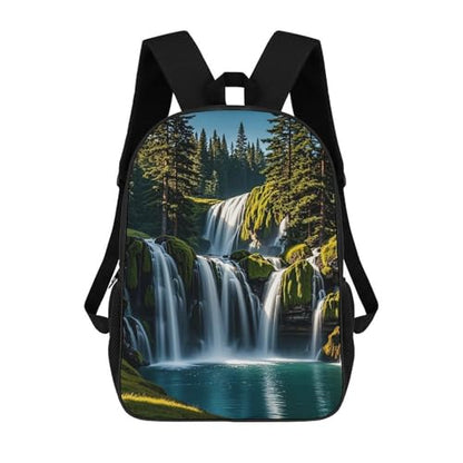 17-Inch Laptop Backpack Water-Resistant Green Pine Waterfall Daypack with Shoulder Strap Lightweight Casual Rucksack for Travel Commuter Hiking Outdoor Activities 20l Black