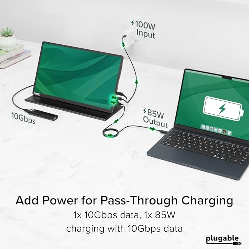 Plugable 15.6" USB-C Portable Monitor with 100W Pass-Through Charging | 2X USB-C 10Gbps Hub | FHD 1920x1080 IPS Display for Mac, Windows, iPad, Smartphone | 1.85lbs, Travel Cover/Stand Included