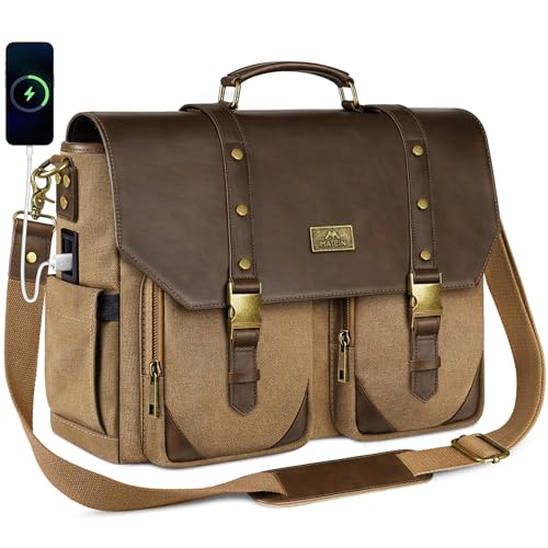 MATEIN Vintage Messenger Bag for Men, 15.6 inch Canvas Briefcase for Work | Mens Messenger Bag with USB Charging Port & RFID Pocket, PU Leather Briefcase, Computer Satchel for Work Commuting, Brown - color: Brown
