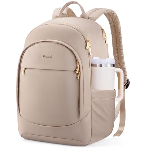 LOVEVOOK Laptop Backpack for Women, Business Backpack Purse, Large Capacity Casual Daypack, Work Computer Backpack for Gift - color: Warm Beige, size: 17.3 inches