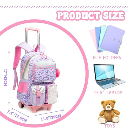 Meetbelify Backpack with Wheels for Girls Rolling Backpack Cute Carry on Backpack for Elementary Student - color: Love Purple