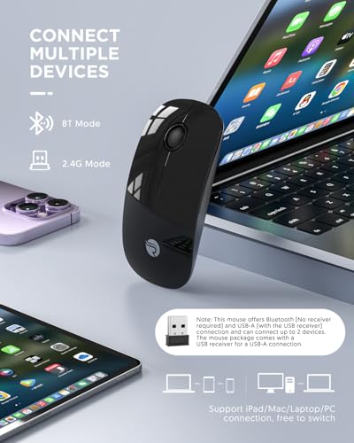 RAPIQUE Bluetooth Wireless Mouse, BT5.1/2.4G Dual Mode, Black | Slim Profile, Two Ways to Connect, Quiet Click, Low Power, 1600 DPI, Portable for MacBook, Laptop, iPad and Surface Pro - color: Black
