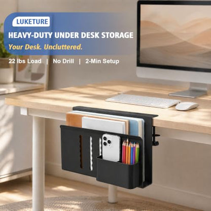 LUKETURE Desk Side Storage, No Drill Laptop Mount with Pen Holder, Clamp-On | Fits Flat Edge Desks 0.3 to 2.8 Inches,Secure Grip on Wood, Glass, or Metal Surfaces Without Slipping - color: Black(1 Tie)