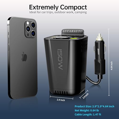 150W Power Inverter 6 in 1 DC 12V to 110V AC Inverter with 60W Dual USB-C and 18W USB-Fast Charger & 2 AC Outlets, Car Pluɡ Adapter Outlet for Laptop/Phone/GPS | Cup Holder Design for Travel - size: 150W