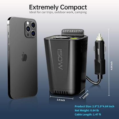 150W Power Inverter 6 in 1 DC 12V to 110V AC Inverter with 60W Dual USB-C and 18W USB-Fast Charger & 2 AC Outlets, Car Pluɡ Adapter Outlet for Laptop/Phone/GPS | Cup Holder Design for Travel - size: 150W