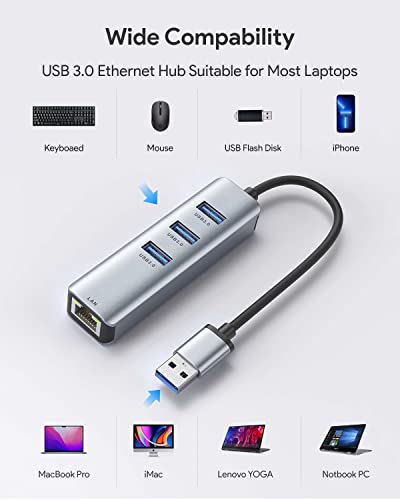 USB 3.0 to Ethernet Adapter,ABLEWE 3-Port USB 3.0 Hub with RJ45 10/100/1000 Gigabit Ethernet Adapter Support Windows 10,8.1,Mac OS, Surface Pro,Linux,Chromebook and More - color: Grey