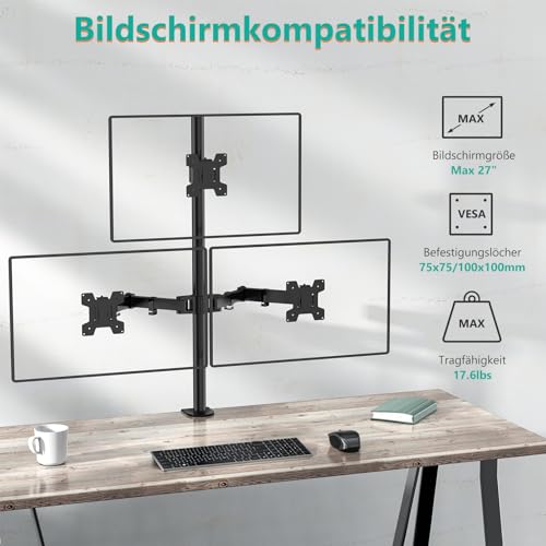 WALI Tall Triple Monitor Mount for 13-27 inch Computer Screens, 3 Monitor Desk Mount, Holds up to 22 lbs, Adjustable Triple Monitors Stand with Swivel Tilt Rotation, 75x75/100x100mm (M003), Black - size: 13"-27", style: Triple