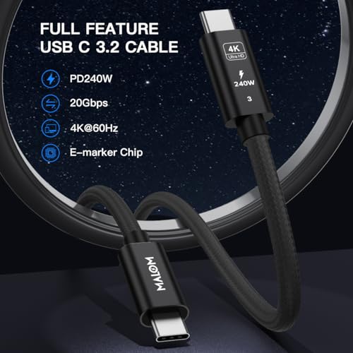 MALOM USB 3.2 Gen 2 240W USB C to USB C Cable, Fast Charging for MacBook Pro/Air, iPad Pro, iPhone 15 Pro Max, Galaxy S24/S23, Steam Deck, 20Gbps Data Transfer, 4K Video Output (Black, 9.9FT) - color: Black, size: 9.9FT