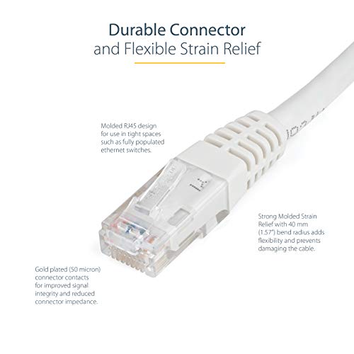 StarTech 1ft CAT6 Ethernet Cable - White CAT 6 Gigabit Ethernet Wire -250Mhz 100W PoE RJ45 UTP Molded Network Patch Cord with Strain Relief (C6PATCH1WH) | 250MHz bandwidth, Gold-plated RJ45, Patch Cable, Ethernet Cord, UTP Molded Network, Strain Relief, 1