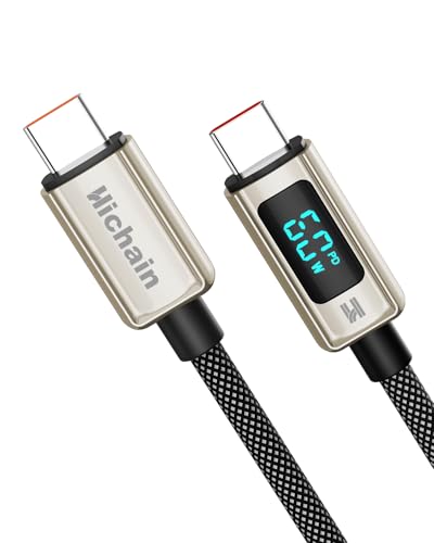 Hichain 6FT USB C to USB C Cable 60W Braided Cable with LED Display | Fast Charge, Silver Zinc Alloy & Nylon Braided Cable for lPhone 17/16/15, lPad Air, MacBook Pro, Galaxy S24/S23, Pixel, LG - color: Silver, size: 6FT
