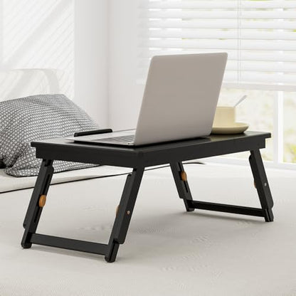 Giantex Bamboo Laptop Desk for Bed, Adjustable Serving Tray Breakfast Table with Tilting Desktop, Folding Lap Tray with Removable Stopper, Cooling Holes & Small Side Drawer (Black) - color: Black