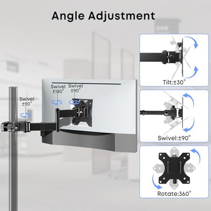 Pole Mount Monitor Arm for 17-32" Screens,17.6 lbs, VESA 75/100mm | Easy Clamp-on VESA Mount , Perfect Solution When Wall or Desk Mounting Isn't Possible, Black