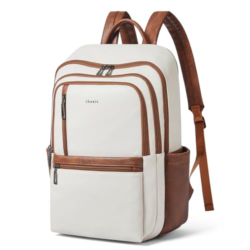 17 inch Leather Laptop Backpack for Women, Large Travel Backpack with 6 Compartments, Computer Backpack Purse for Work College - color: Beige