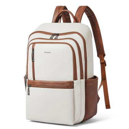 17 inch Leather Laptop Backpack for Women, Large Travel Backpack with 6 Compartments, Computer Backpack Purse for Work College - color: Beige