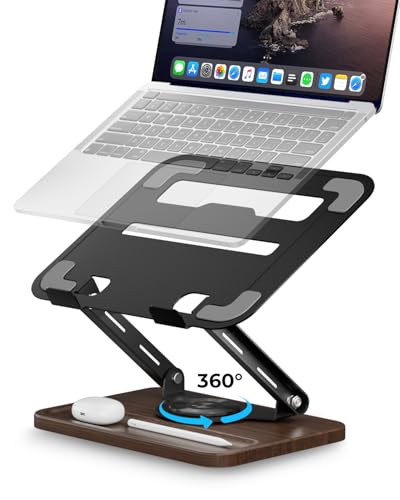 Viozon Laptop Stand for Desk, Adjustable Laptop Desk Stand with Wood Base Storage, 360° Rotating Swivel Computer Stand for Laptop, Ventilated Cooling Desktop Holder Fits up to 15.6" Notebooks/Laptops