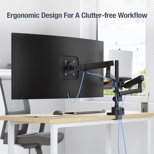 AVLT Laptop & Monitor Arm Pole Top Mount for 17-38" Screens - Black | Supports flat/curved/ultrawide screens up to 26.4 lbs. Mechanical spring, laptop tray, height adjustment and cable routing. - size: Laptop & 38 Inch Monitor Pole Arm