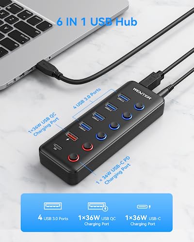 Powered USB 3.0 Hub, Wenter 6-Port USB Hub Splitter (4 Faster Data Transfer Ports+ 2Pcs 36W QC Charging Ports) with Individual LED On/Off Switches, USB Hub 3.0 Powered with Power Adapter - color: 4+1A+1C
