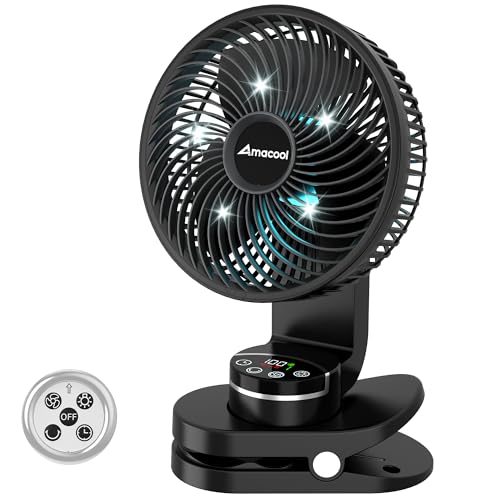 AMACOOL Battery Operated Camping Fan with Light, 20000mAh Rechargeable Clip on Fan with Hook & Digital Display, 112Hrs Running, 9 Speed, 360° Rotation Portable Small Fans for Tent Camping RV Travel - color: Black