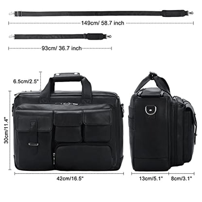TIDING Leather Briefcase for Men 17.3" Laptop Business Travel Messenger Bag | Large Opening Main Compartment, Detachable Laptop Sleeve, Multi Pockets, Luggage Strap, Anti-theft Pocket - color: Black