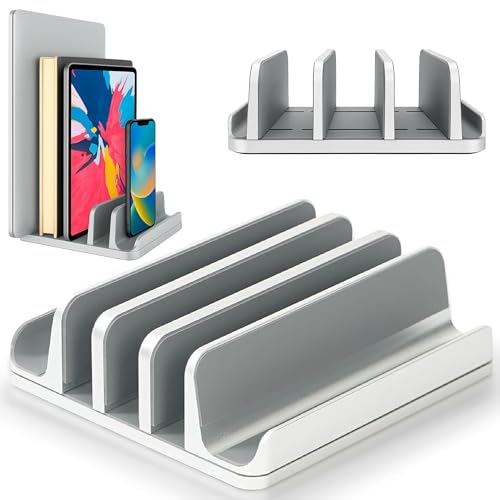 Elestoria 5- Slot Vertical Laptop Stand - Aluminum Laptop Stand Vertical for Desk - Fits MacBook Pro/Air, Surface, Mobiles & Gaming Laptops up to 17.3" - Heavy Duty Laptop Holder for Desk - (Silver) - color: Silver