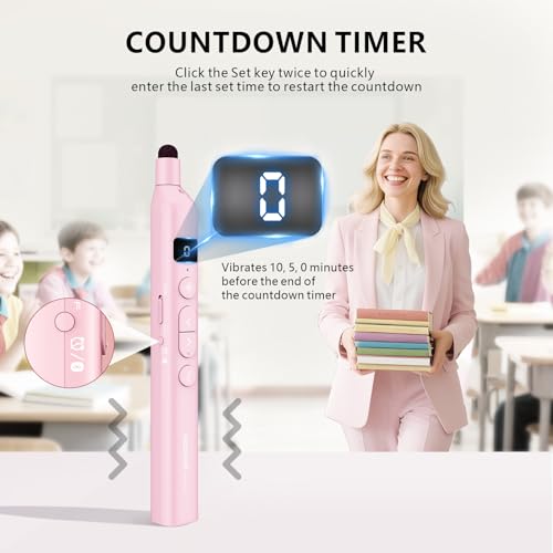 N21 Bluetooth Presentation Clicker for PowerPoint with Retractable Pointer | ①Red laser ②Telescopic touch pen ③Countdown timer, vibration alert ④Customizable Button ⑤Rechargeable, battery level display - color: Pink - Red Pointer