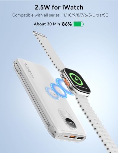 Portable Charger 10000mAh 20W, Wall Plug, 2 Cables, iWatch Charging | Digital Display, Compact Lightweight, USB C Fast Charge, USB-A 18W, Multi Protection, Travel Essential, for iPhone 17 16, Pad - color: Auroral White