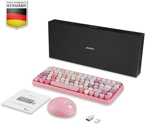 Perixx PERIDUO-713 Wireless Mini Keyboard and Mouse Combo, Retro Round Key Caps, Pastel Pink, US English Layout - color: Pink