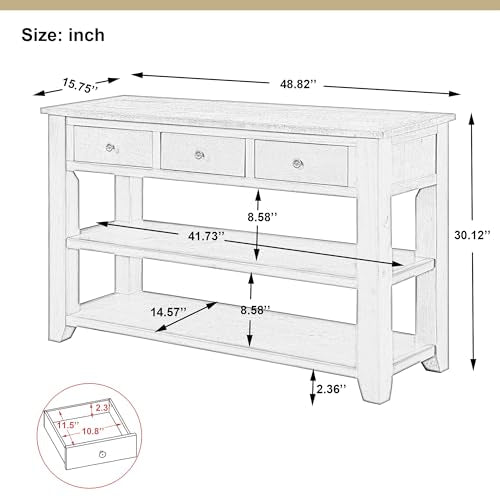 48’’ Modern Farmhouse Wood Entryway Console Table w/Storage, Antique White | 3-Tier Sofa Table Behind Couch, 3 Drawers, 2 Open Shelves, Easy Assembly, for Living Room, Dining, Hallway - color: Antique White