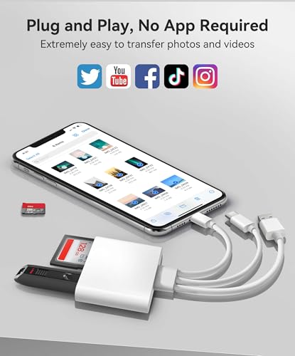 AkHolz SD Card Reader for iPhone iPad Mac Trail Game Camera Viewer Built-in 3-in-1 Connector (Lightening, USB-C and USB-A) with SD MicroSD USB-A 3 Slots, Portable No App Required Plug & Play - White - size: 3 in 1 built-in cords (Lightening&USB-C&USB-A)