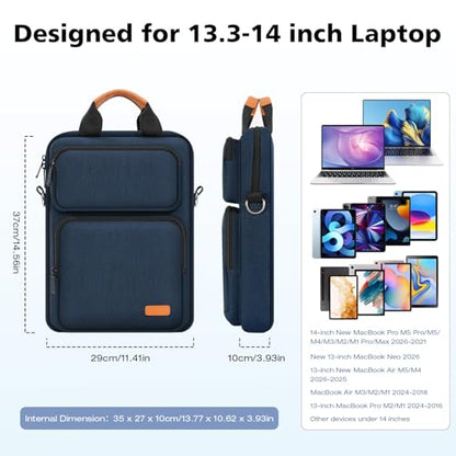 MoKo 13.3-14 inch Laptop Sleeve Sholder Bag Carry Case with Multi-Pockets | Fits Mac NEO/Air 13-inch M5, Mac Pro 14-inch M5/M4/M3/M2/M1 and MacAir 13-inch M4/M3/M2/M1, Indigo - color: Indigo, size: 13.3-14 Inch