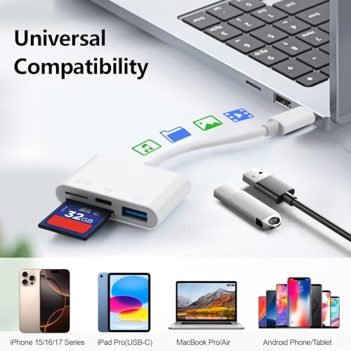 SD Card Reader for iPhone 15-17, 4-in-1 USB C SD Card Reader iPhone with SD/TF/USB-A 3 Slots & Charging Port, Digital Trail Camera Card Viewer for MacBook Laptop Android Phone, Plug and Play - size: 4-IN-1 SD Card Reader