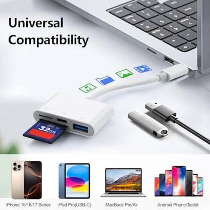 SD Card Reader for iPhone 15-17, 4-in-1 USB C SD Card Reader iPhone with SD/TF/USB-A 3 Slots & Charging Port, Digital Trail Camera Card Viewer for MacBook Laptop Android Phone, Plug and Play - size: 4-IN-1 SD Card Reader