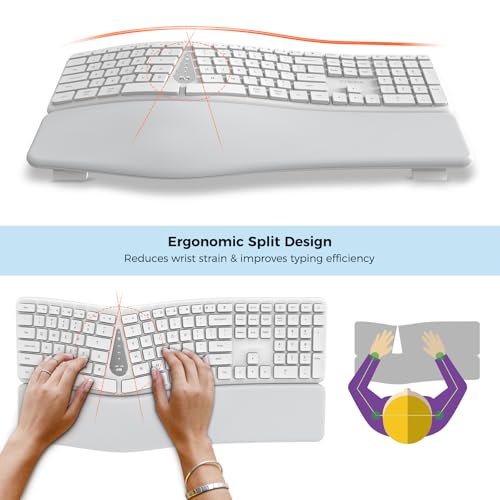 Ergonomic Keyboard Mouse Wireless Combo, Full Size Bluetooth Split Keyboard with Wrist Rest, 4 Level DPI Ergo Mouse for Windows Mac OS Computer, White - color: White