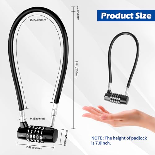 Cable Locks with Combination,Steel Cable Rope Wire 5-Digit Combination Lock with Resettable Code for Bikes, Lockers, File Cabinets, Wardrobes, Small Fences,gate Lock, Pool Padlock. - size: Span 7 in,Cable length15*0.3 in