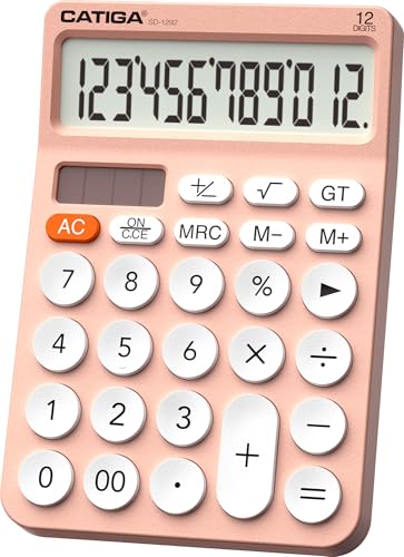 CATIGA 12 Digit Desktop Calculator Basic Desk Calculator with Large LCD Display, Big Buttons, 4 Function, Solar and Battery Dual Power, for Office, School, Home, SD-1292 Pink - color: 2) Pinkwhite