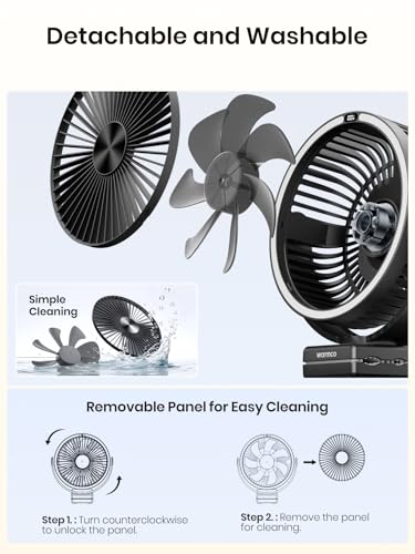 Warmco 15000mAh Clip on Fan with LED Light for Camping and Golf Car | 12-30H Runtime, 300H+ Light, USB-C Two-Way Charging, 3-Level LED Light, Clip Hook Desk Use, 4 Speeds