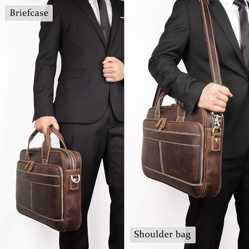 Hindoro 16 Inch Full Grain Leather Laptop Messenger Briefcase Bag for Men - Leather Satchel for Business Travel and Office Crossbody Shoulder Bag - Brown