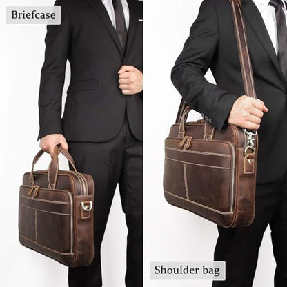 Hindoro 16 Inch Full Grain Leather Laptop Messenger Briefcase Bag for Men - Leather Satchel for Business Travel and Office Crossbody Shoulder Bag - Brown