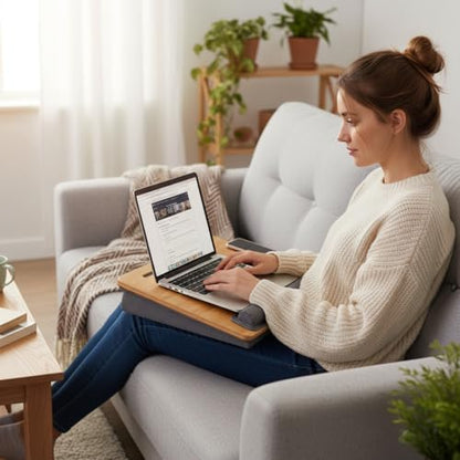 Bamboo Lap Desk for Laptop with Cushion Tablet Phone Holder Handle | Laptop Stand with Anti-Slip Strip Fits up to 15.6 inch Portable Computer Lap Desk for Couch, Bed & Car - size: 16.5"x13.4" Fixed