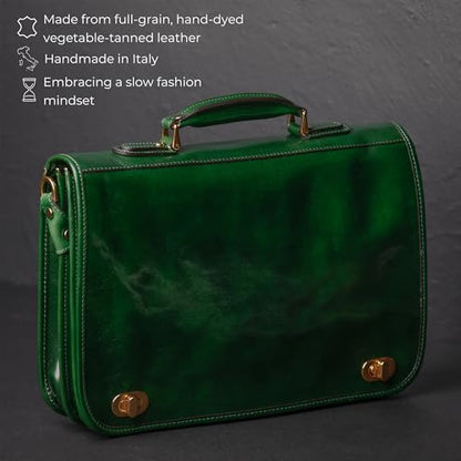Time Resistance Leather Briefcase for Men - Italian Full Grain Leather Laptop Bag - Messenger Bag - Gift Box Included - color: Green