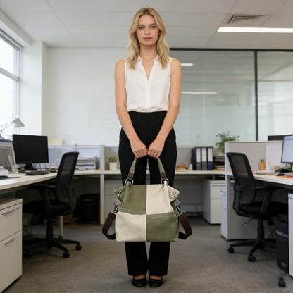 Women's Canvas Color Block Tote Bag Convertible Crossbody Hobo Handbag Lightweight Shoulder Bag for Daily Travel Work - color: Dark Green