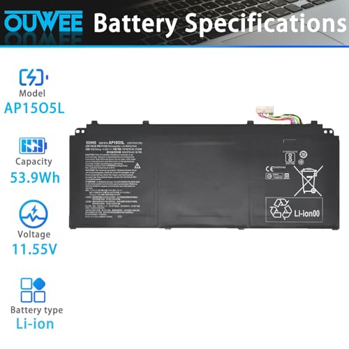 AP15O5L Laptop Battery Compatible with Acer Spin 5 SP513-52N-54SF Predator Triton 700 PT715-51 Swift 1 SF114-32 Swift 5 SF515-51T Chromebook R13 CB5-312T-K0YK Series AP1505K 11.55V 53.9Wh - size: 10.89*4.65*0.21 inch AP15O5L