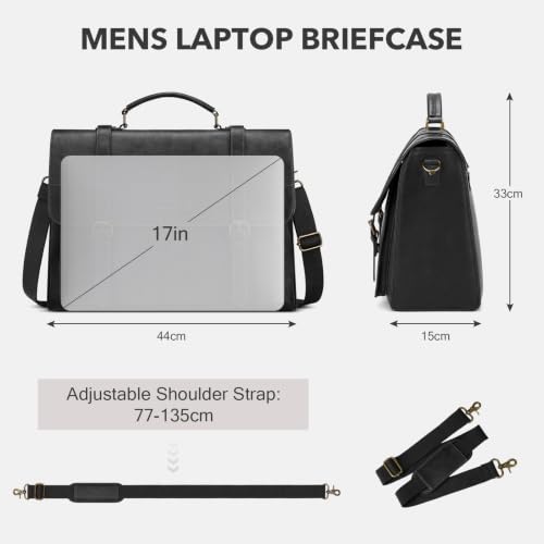 RAINSMORE Messenger Bag for Men 17” PU Laptop Flap Retro Briefcase Waterproof Satchel Bag for Office Business Travel College - color: Black