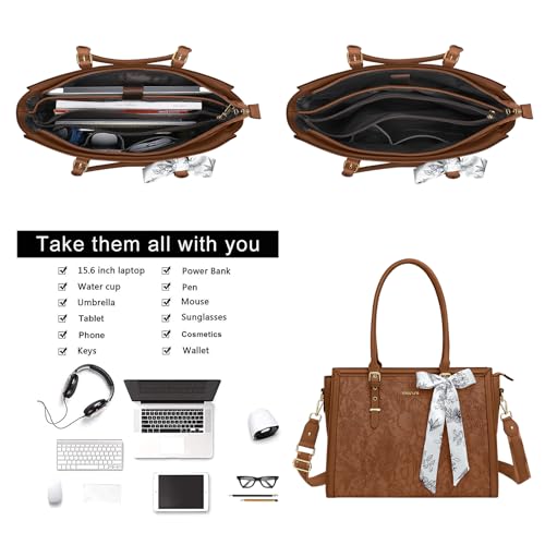 MOSISO Laptop Bag for Women, 15.6-16 inch PU Leather Tote Bag | Compatible with MacBook, HP,Dell,Asus, Front Embossed Retro Hibiscus Computer Bags with Silk Scarf&Clutch Purse, Brown - color: Brown, size: 16 inch