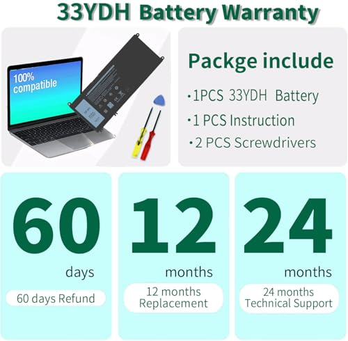 DMKAOLLK 56WH 33YDH Laptop Battery for Dell Inspiron 17 7000 7778 7779 7786 7773 15 7577 G3 3579 3779 G5 5587 G7 7588 Latitude 13 3380 14 3490 15 3590 3580 PVHT1 P30E 81PF3 081PF3 12 Months Warranty - size: 9.5*4.12*0.38inch