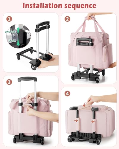 Marscamd Rolling Teacher Bag with 15.6" Laptop Compartment for Work | Multi-Slot Front Pocket, Detachable Trolley & Shoulder Straps, Water-Resistant, Women Work Briefcase Tote with Wheels (Pink)) - color: Pink