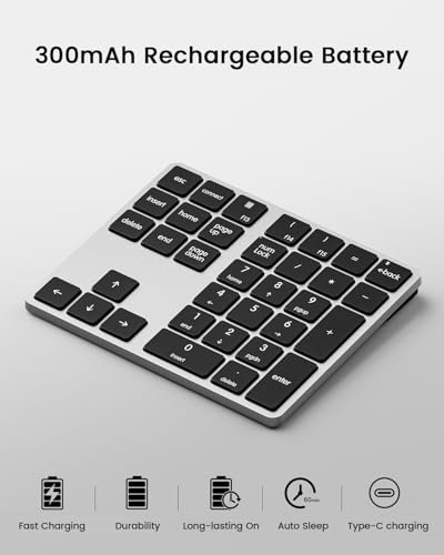 Kisnt KN300BT Bluetooth Number Pad for Laptop, 34- Key Wireless Rechargeable Numeric Keypad Portable External Numpad for MacBook, Tablets, Mac, iOS, Android, Windows PC - style: 34 Keys Wireless Numpad