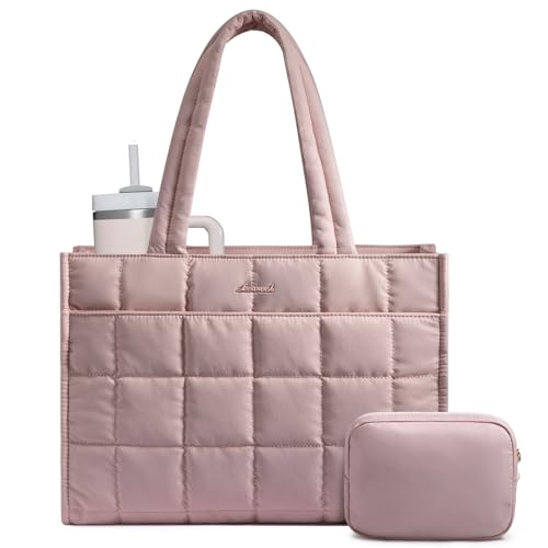 LOVEVOOK Tote Bag for Women, Puffer Work Handbag 15.6 Inch Laptop Purse for Nurse Teacher, Large Quilted Travel Tote Shoulder Bag with Zipper for College Office Clinical Gym, Pink - color: Pink, size: 15.6 inch