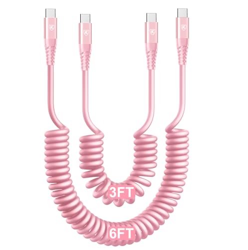 USB C to USB C Cable [3FT+6FT], 2Pack Coiled USBC Cable for Car USB Type C | Fast Charging Cable, CarPlay iPhone USB-C Cable/Android Auto USB C Cord for iPhone 17/16/ 15/Pro Max/Samsung Galaxy S23-Pink - color: Pink, size: 3FT+6FT